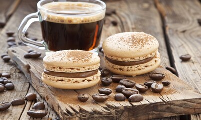 Coffee cup with macarons and beans on rustic wood surface overhead