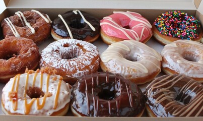 Colorful assortment of delicious glazed donuts in a box sweet treat