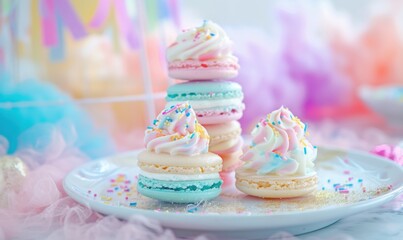 Colorful macaron stack with cream and sprinkles on festive background
