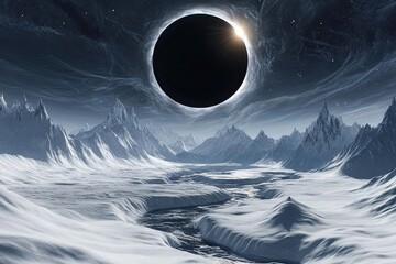 A large black hole with an icy field in the foreground