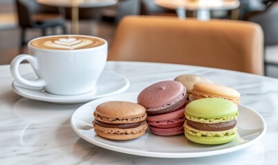 Colorful macarons and cappuccino composition for food and beverage concepts