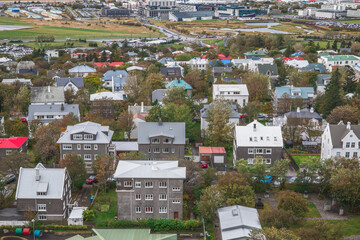 High angle view of downtown Reykjav&iacute;k in Iceland, featuring colourful ironclad houses
