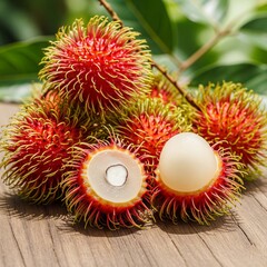 one stalk of red rambutan fruit, part of which has been peeled and the white flesh is visible, placed on an old brown wooden table