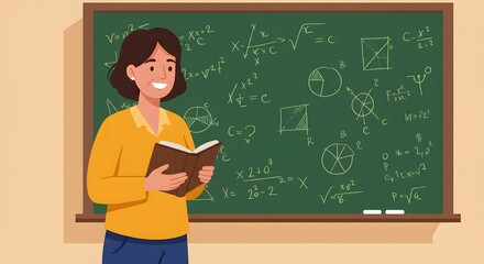 An enthusiastic female teacher holds a book while standing before a chalkboard covered in complex math and geometry formulas.