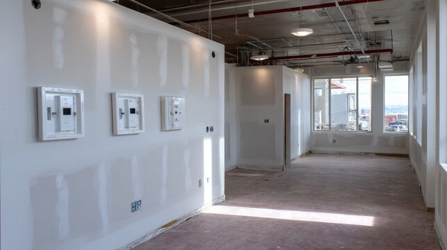 Modern office space construction with exposed wiring and drywall finishing