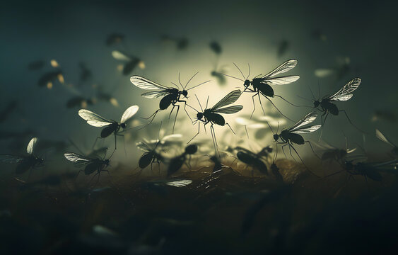Swarm of Mosquitoes Flying in Dark Forest Light Concept Insects Closeup Nature Scene Pest Control Disease Danger Background