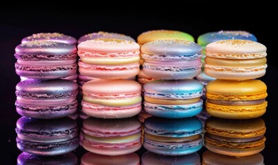 Colorful macarons stacked on reflective surface against dark background