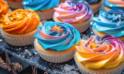 Colorful rainbow swirl frosting cupcakes on dark textured surface