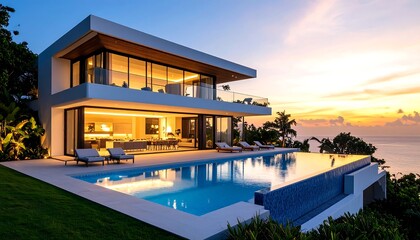Obraz premium Modern cliffside home with infinity pool, sunset view