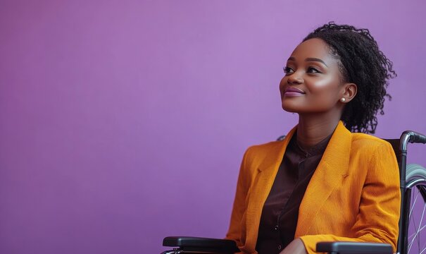 Young happy disabled African American businesswoman in a wheelchair against a purple background,  workplace inclusion and diversity, Generative AI