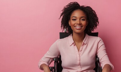 Young smiling disabled Black African American businesswoman in a wheelchair against a pink background, embodying the concept of workplace inclusion, Generative AI