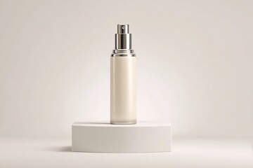 Elegant cream bottle on white podium with plain background  
