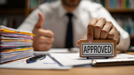 Confident man at office desk holding approved stamp on document for authorization and success