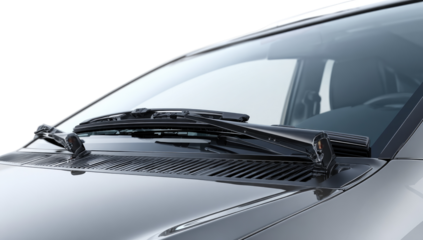 Close-up of a modern car's windshield wipers and hood