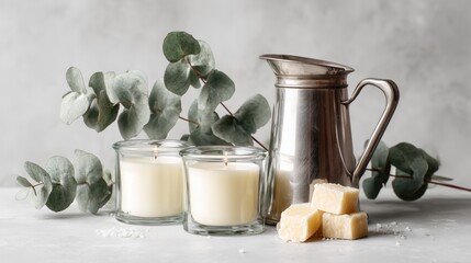 Minimalistic candle setup with glass jars, soy wax chunks, eucalyptus branches, and a metal pouring jug on a light background. Clean, natural, and calming atmosphere.