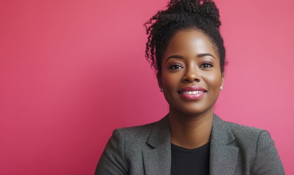 Close-up portrait of a smiling disabled Black African American businesswoman in a wheelchair against a pink background, showcasing workplace inclusion, Generative AI - Powered by Adobe