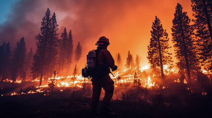 Courage in Crisis: Firefighter Confronting a Raging Wildfire, Back View, Amidst Smoke and Flames, Evoking Resilience and Determination.