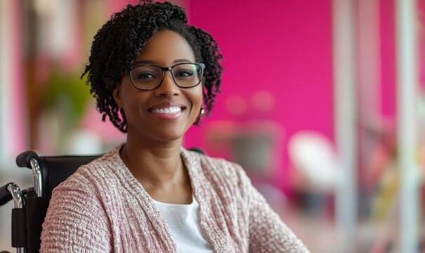 Portrait of a smiling disabled blonde businesswoman in a wheelchair against a pink background, emphasizing workplace inclusion and diversity, Generative AI