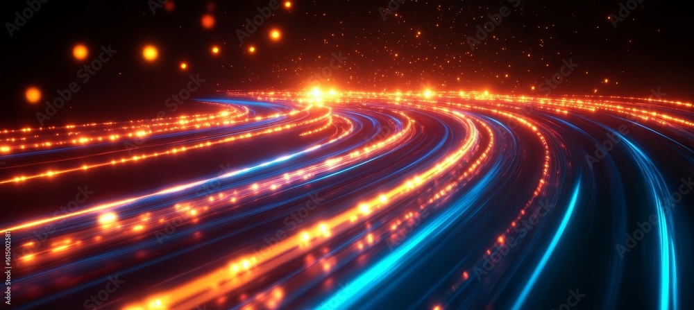 Poster dynamic energy flow simulation with curving light trails and motion elements for digital background