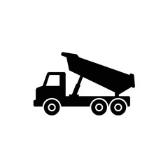 Fototapeta premium A black silhouette of a dump truck, viewed from the side, with its bed raised, representing construction and transport on a clean white background.