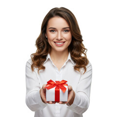 Smiling woman presents a gift box with a red bow isolated on transparent background