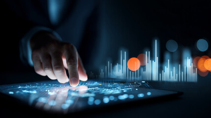 Focused businessman analyzing financial data chart on futuristic technology screen