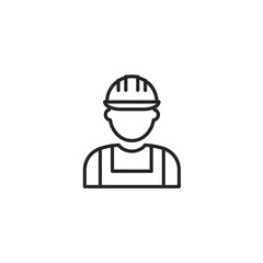 A minimalist line art icon depicts a worker wearing a hard hat and overalls, symbolizing construction, engineering, or industrial professions.