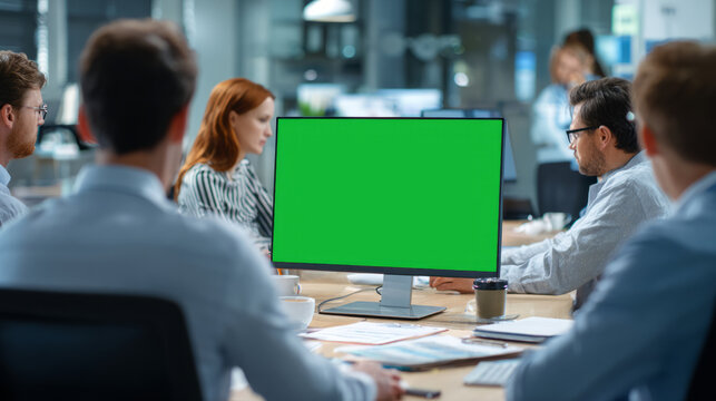 Focused corporate team in meeting looking at green screen monitor in office