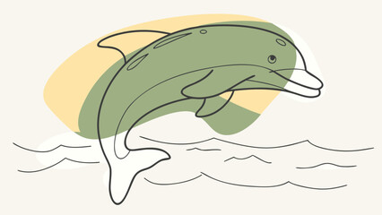 Obraz premium An elegant dolphin leaps above the waves, illustrated in a minimalist style with a soft green color palette.