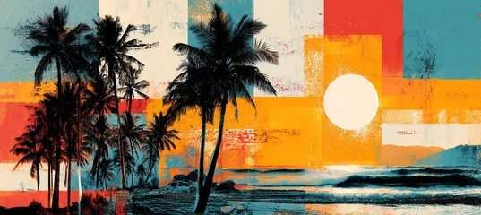 Gardinen Farbenfroh Abstract beach scene with palm trees and a bright sun over the ocean in a colorful style  © Alina Art Works