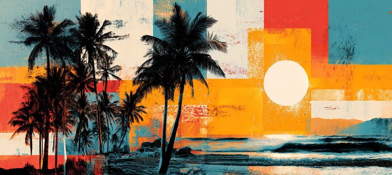 Abstract beach scene with palm trees and a bright sun over the ocean in a colorful style