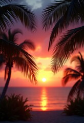 Obraz premium swaying palm leaves silhouette vibrant sunset sky tropical paradise atmosphere, plant, nature, clouds, twilight, beach, easy, landscape, glow, serene, jungle