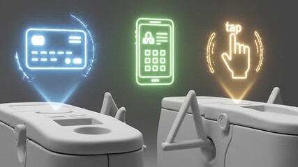 Futuristic payment technology concept with holographic icons for card, mobile, and contactless transactions on a terminal. - Powered by Adobe