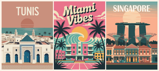 Set of retro travel destination posters featuring Tunis, Miami, and Singapore. Bold colors, vintage typography, and iconic cityscapes in mid-century modern style