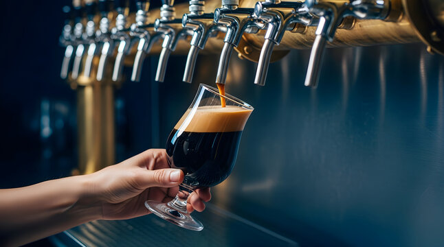 A man pours dark stout beer from a row of taps into a glass in a modern brewery setting, featured in a banner template for bar and craft beer advertising with copyspace.