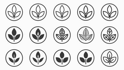 Collection of oval icons featuring stylized plants and leaves