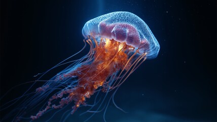 A colorful jellyfish glides through deep water, illuminated by soft, mesmerizing light.