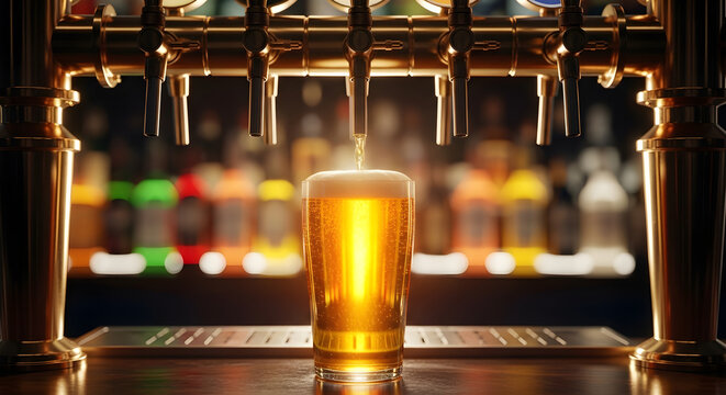 A barman filling a glass with golden lager from a row of brewery taps in a modern setting in a banner template for bar and craft beer advertising with copyspace. - Powered by Adobe