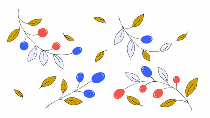 Fototapeta premium Colorful botanical illustration featuring blue, red, and yellow leaves in a whimsical arrangement.