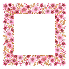 Watercolour pink colorful flowers sienna leaves square border frame illustration. Isolated background. Hand painted floral. Spring vibes print. Fabric, wrapping, cards, banner, poster invitation gift