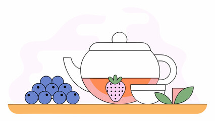 A modern illustration of a teapot, fresh strawberries, blueberries, and mint leaves, evoking a refreshing tea time vibe.