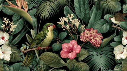 A vibrant tropical arrangement with birds, hibiscus, and lush green foliage on a dark background