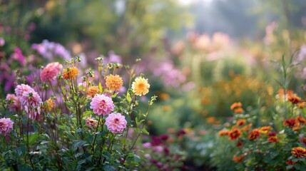 Flower garden in full bloom with colorful blossoms and harmonious landscaping, captured in soft morning light, ideal for eco-friendly tourism and nature photography.