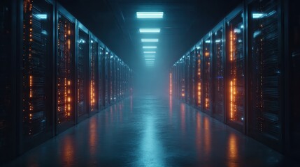 Server room with glowing servers, receding into foggy depth, lit with cold blue light