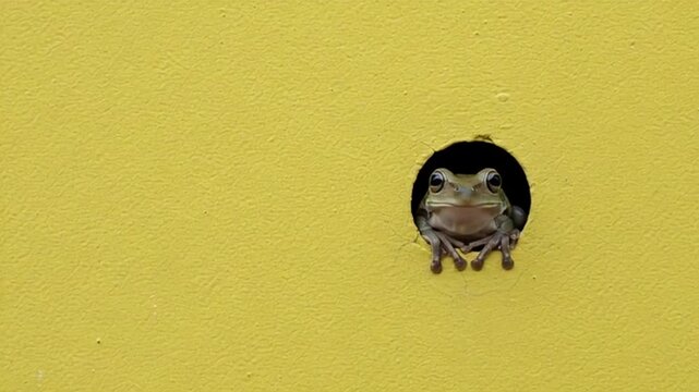 Frog Peeking Through Circular Hole in Bright Yellow Wall