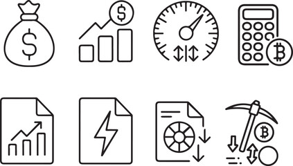Financial and Cryptocurrency Line Icon Set – Economy, Blockchain, Crypto Wallet, and Digital Currency Symbols

