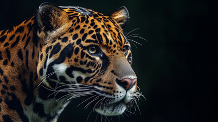 Obraz premium leopard on a black background. portrait of leopard with intense eyes.