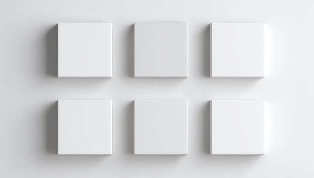 Six blank, white, square canvases mounted on a white background