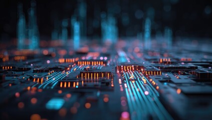 Abstract cityscape of glowing circuit board