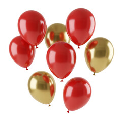 Red and gold balloons floating together, festive party decoration, celebration, birthday, anniversary, event, shiny, glossy, helium, air, inflatable, isolated on transparent background